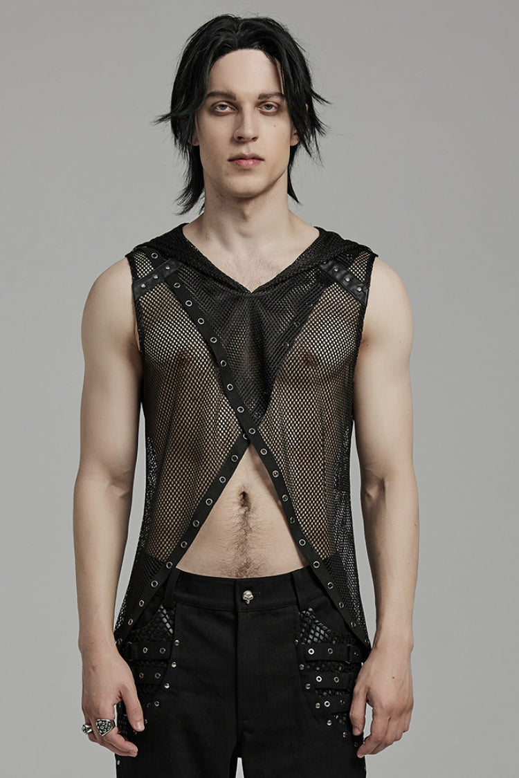 Mesh Eyelet Punk Sleeveless Hooded Vest for Men - NoirEdge