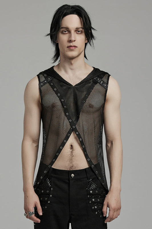 Mesh Eyelet Punk Sleeveless Hooded Vest for Men - NoirEdge