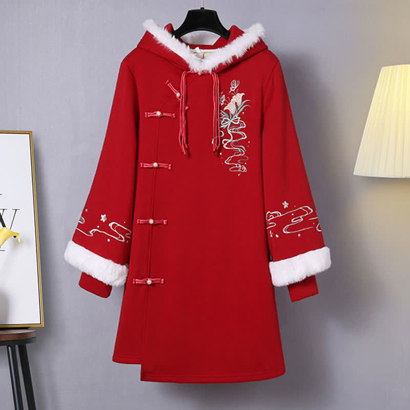 Delicate Flower Embroidery Buckle Plush Hooded Sweatshirt Dress