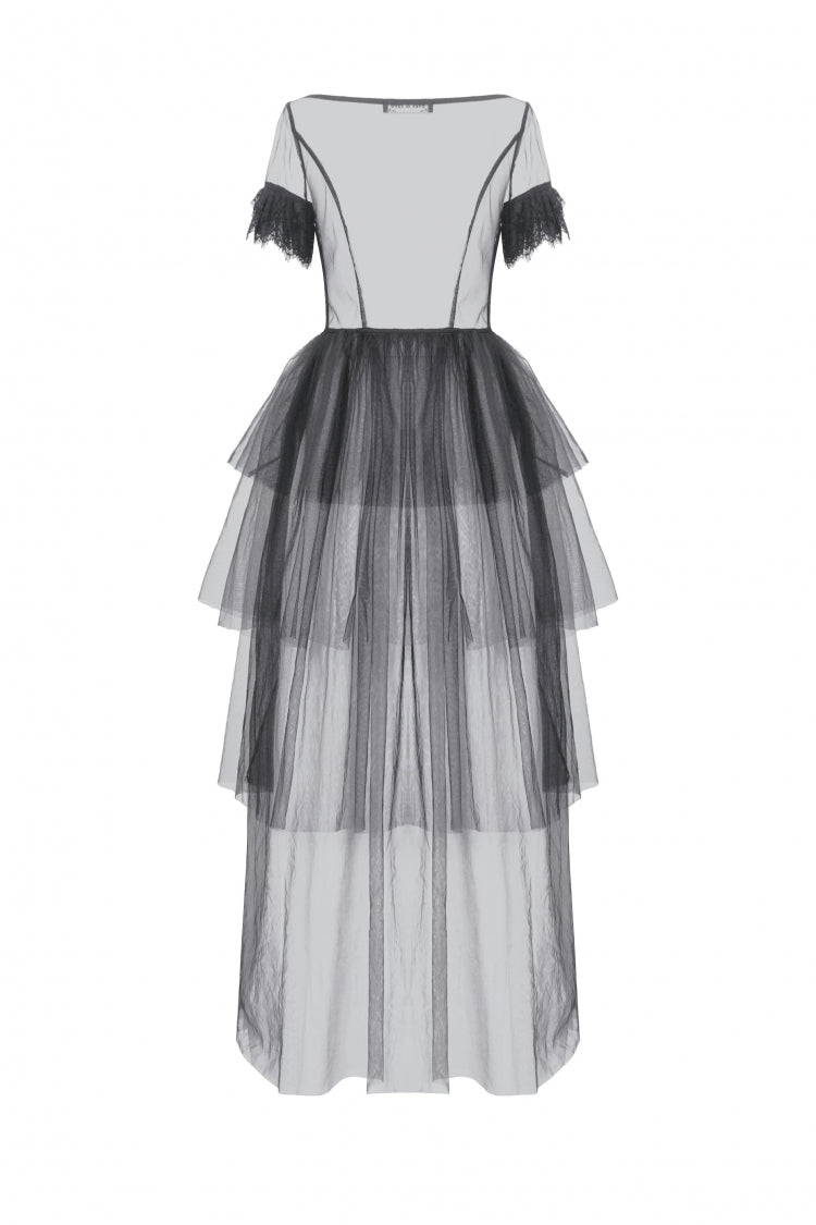 Ebony V-Neck Short Sleeve Sheer Mesh Layered Dress