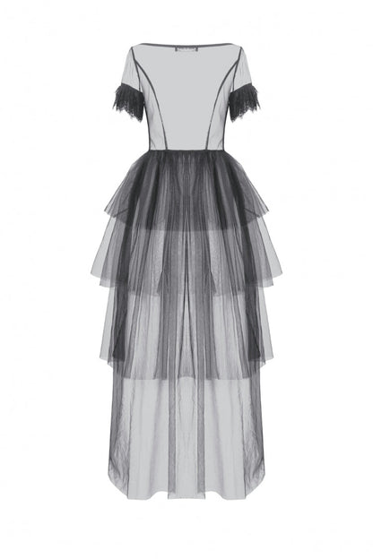 Ebony V-Neck Short Sleeve Sheer Mesh Layered Dress