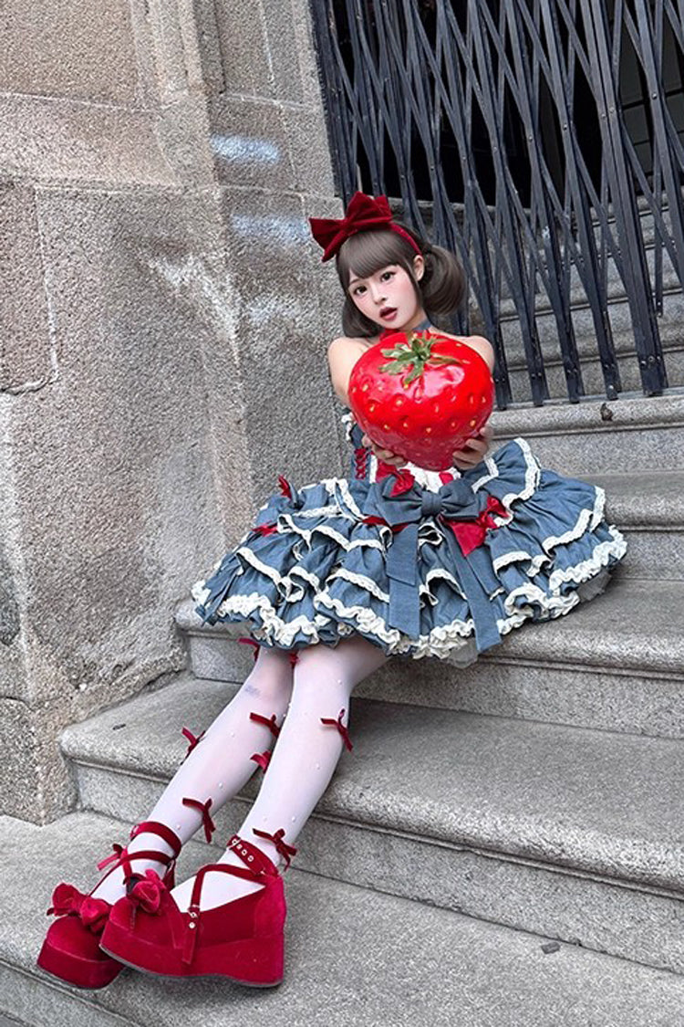 Halterneck Sleeveless Triple-Ruffle Laced JSK with Bow