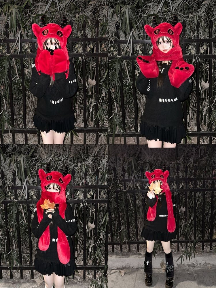 Red Devil Gothic Winter Scarf Gloves Plush Hat