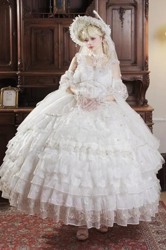 White Dreamy Waltz Sleeveless Layered Ruffle Chiffon Gothic JSK