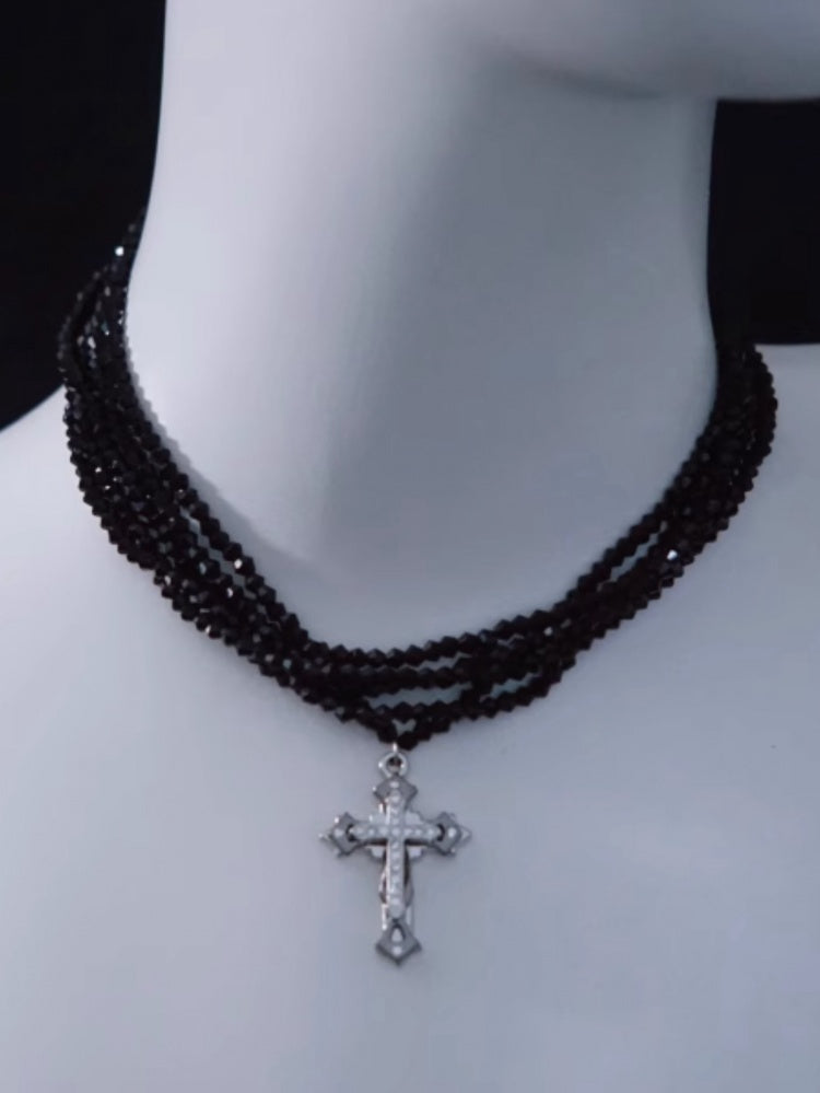 Silver Cross Pendant Black Multi Layers Necklace