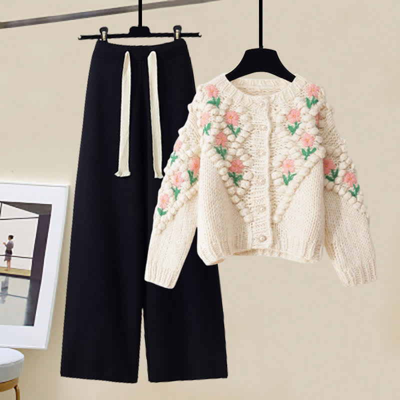 Flower Crochet Cardigan Sweater Knit Pants