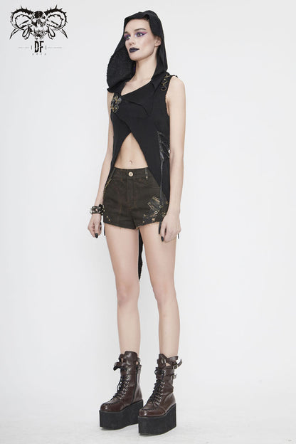 Hooded Asymmetric Gothic Sleeveless Top in Black - NoirEdge