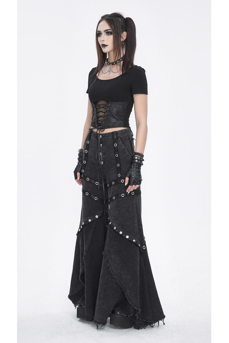 Flared Punk Pants with Ruffled Hem and Eyelet Details