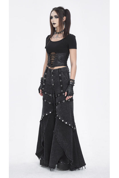 Flared Punk Pants with Ruffled Hem and Eyelet Details