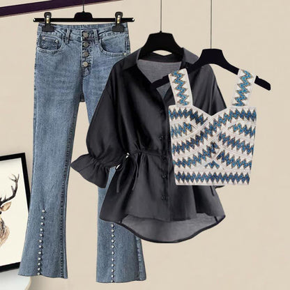 Tank Denim Flared Top Shirt Blue Drawstring Pants