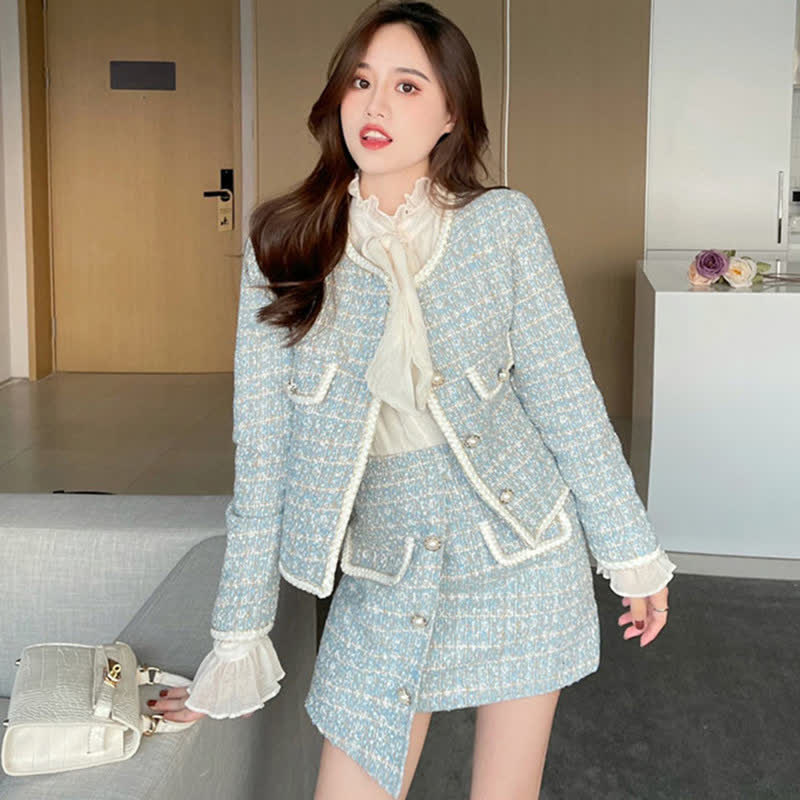 Chic Plaid Print Jacket Shirt High Waist Skirt Set