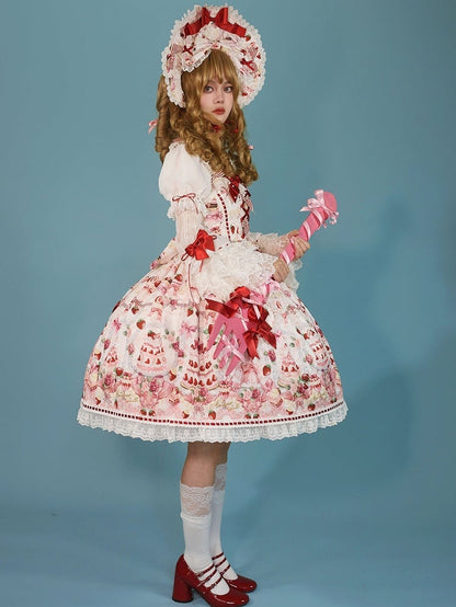 Strawberry and Desserts Print White Sweet Bow Accents Lolita JSK / Full Set