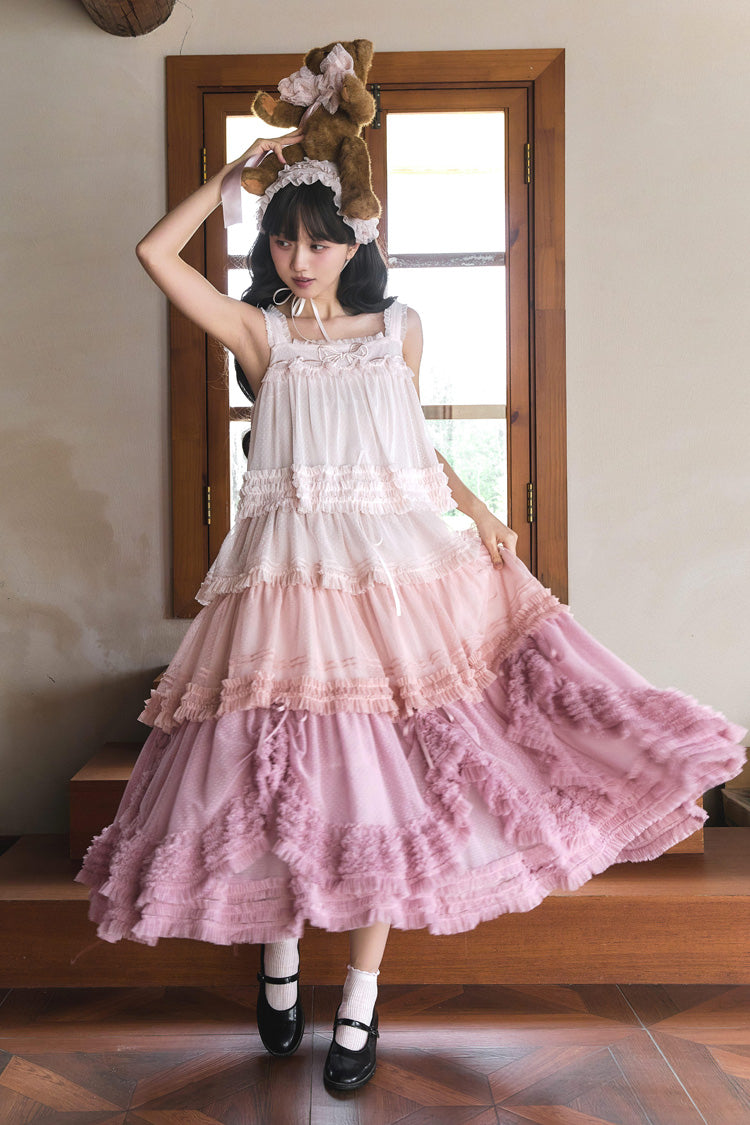 Sweet Stand Collar Long Sleeve Multi Layer Ruffle Color Block Lolita Tiered Dress 14 Colors