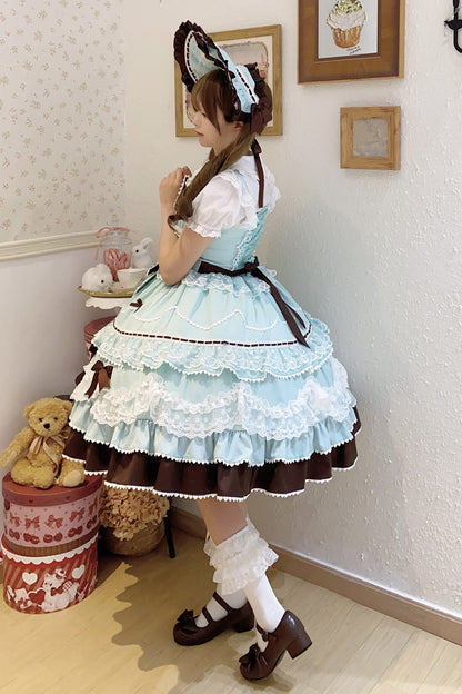 Mint Chocolate Fondant Cake Sleeveless Multi-Layer Ruffle Bow Lace Sweet JSK Dress