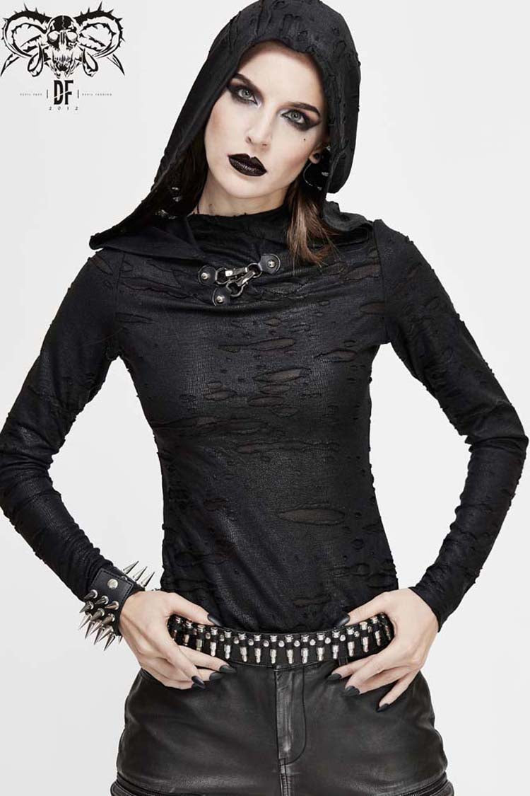 Women's Punk Shirt with Hooded Snakeskin Ripped Print Triangle Metal Studs