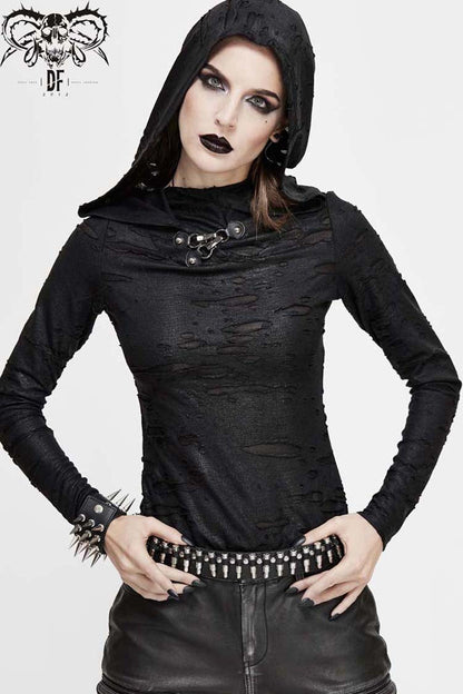 Women's Punk Shirt with Hooded Snakeskin Ripped Print Triangle Metal Studs