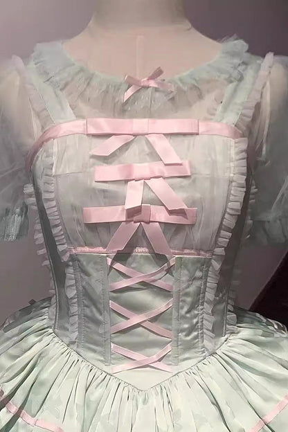 Green Triple Ruffle Bow Lace Ballet JSK Dress