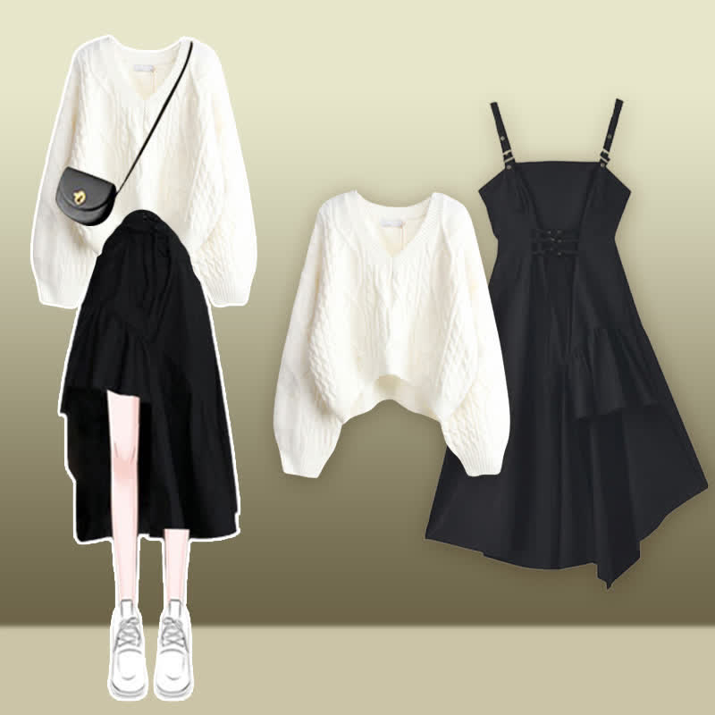 Cable Set Sweater Slip Irregular Up Knit Dress Lace