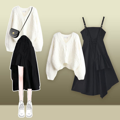 Cable Set Sweater Slip Irregular Up Knit Dress Lace