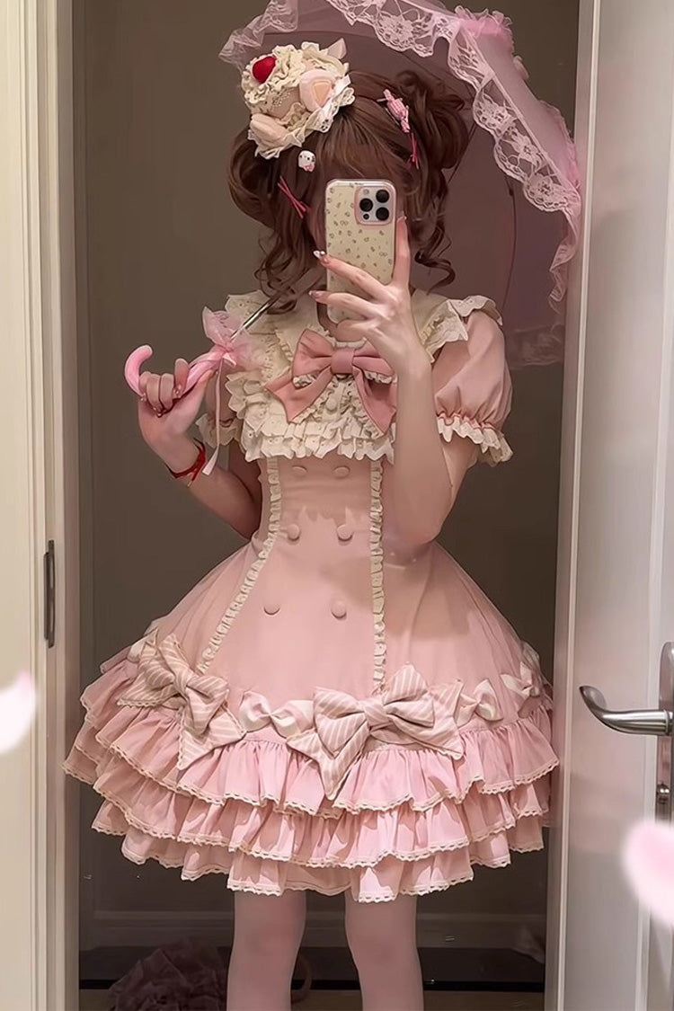 Rose Striped Layered Short Sleeves Multi Ruffle Bow Sweet Princess Lolita Tiered Dress