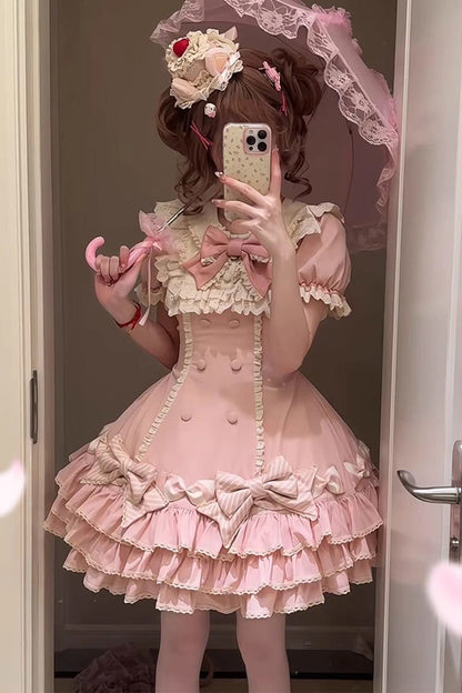 Rose Striped Layered Short Sleeves Multi Ruffle Bow Sweet Princess Lolita Tiered Dress