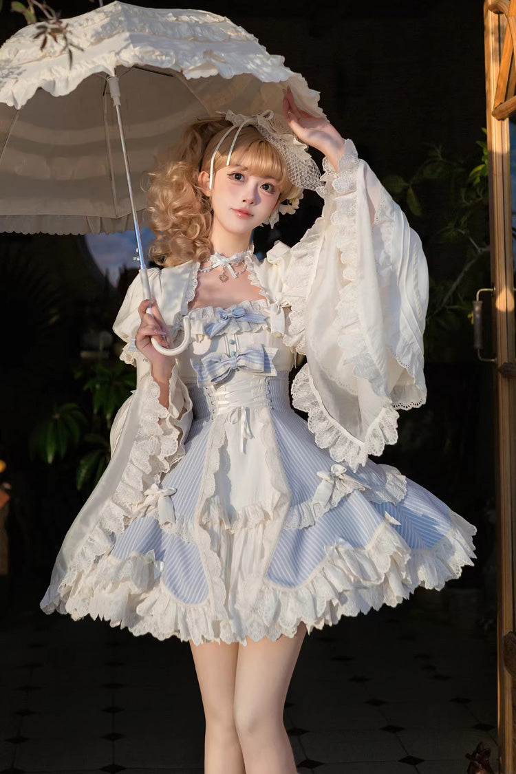 Sleeveless Double Printed Ruffled Open Bow Lace-Up Sweet Lolita JSK Short