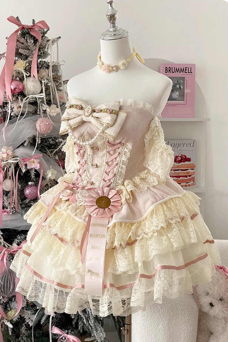 Tea Rose Dew Ruffle Bow Lace Sweet Lolita Skirt Dress in Yellow Pink