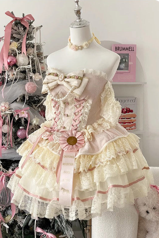 Tea Rose Dew Ruffle Bow Lace Sweet Lolita Skirt Dress in Yellow Pink