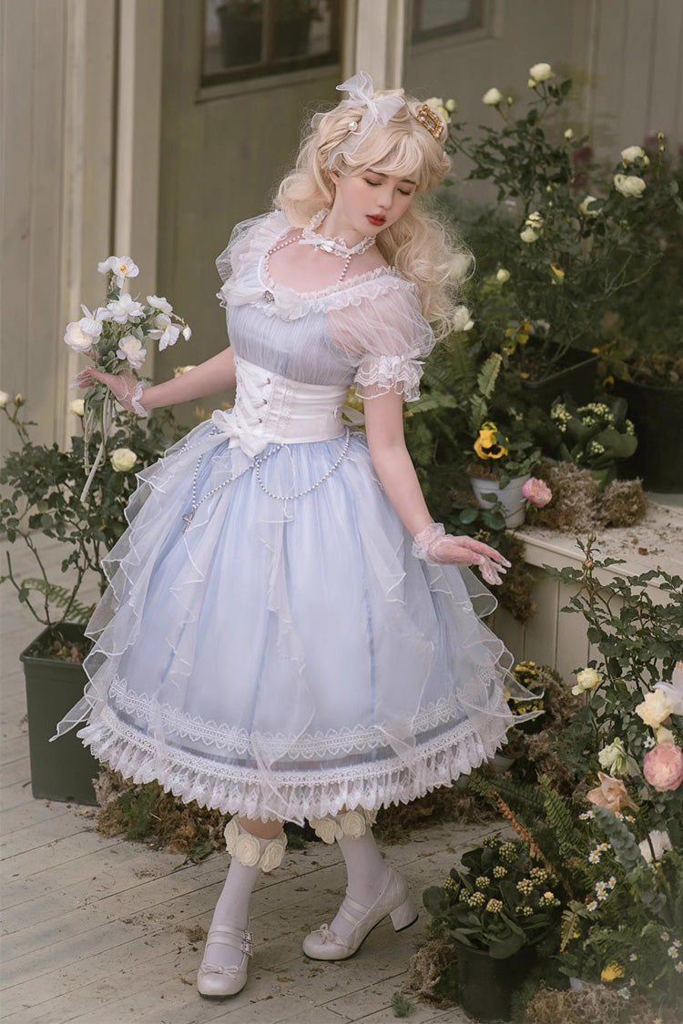 Blue Round-Collar Mermaid Tears Short-Sleeved Bow-Trim Sweet Princess Lolita Dress