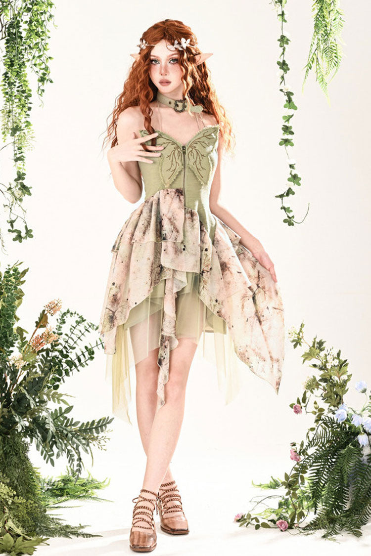 Green Forest Wandering 3D Butterfly Embroidery Lace Irregular Sweet JSK Dress