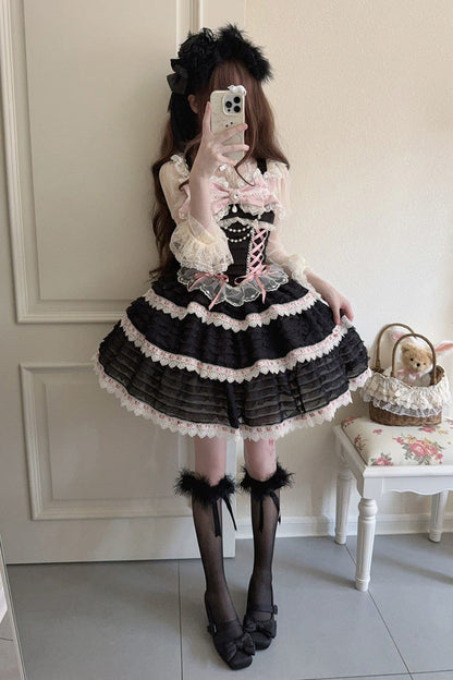 Black Floral Letters Song Sleeveless Triple-Layered Bow Lace-Up Sweet Lolita Jsk Dress