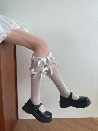 White/Black  Bowknot Details Semi-sheer Underknee Stockings