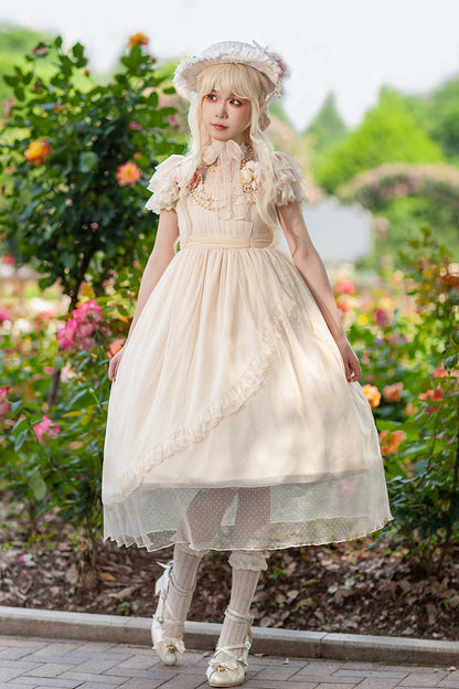 Apricot Polka Dot Asymmetric Ruffle Bow Lolita Dress - Moon goddess *Mediana*