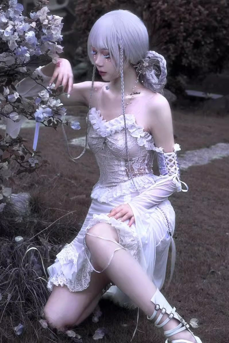 Drawstring Gothic JSK Dress with Ruffled Embroidery and Pleated Lace - Redemption of the Deity