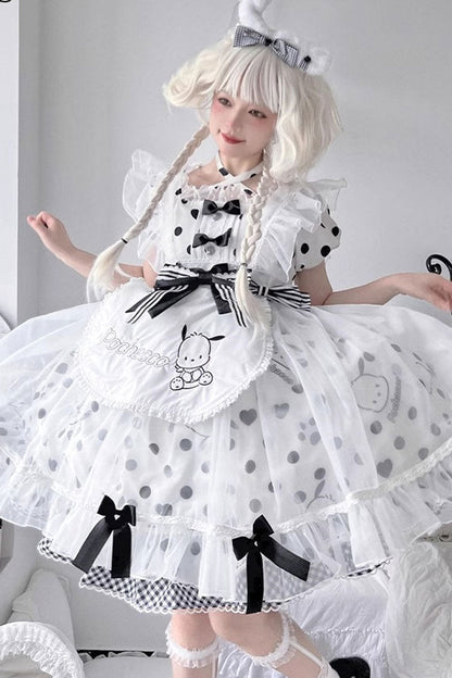 White Black Short Sleeves Pacha Dog Polka Dot Ruffle Bow Sweet Lolita Dress