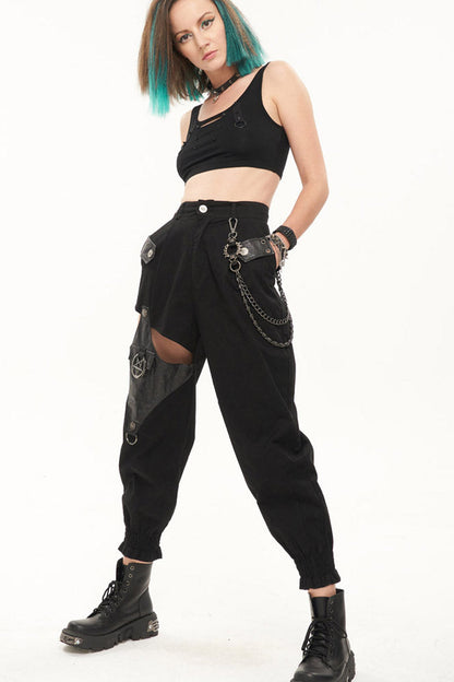 Womens Long Pants with Chain Accents and Leather Trim