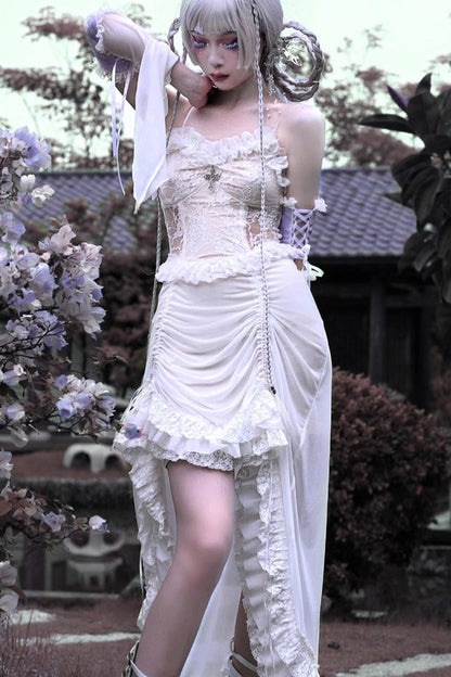 Drawstring Gothic JSK Dress with Ruffled Embroidery and Pleated Lace - Redemption of the Deity