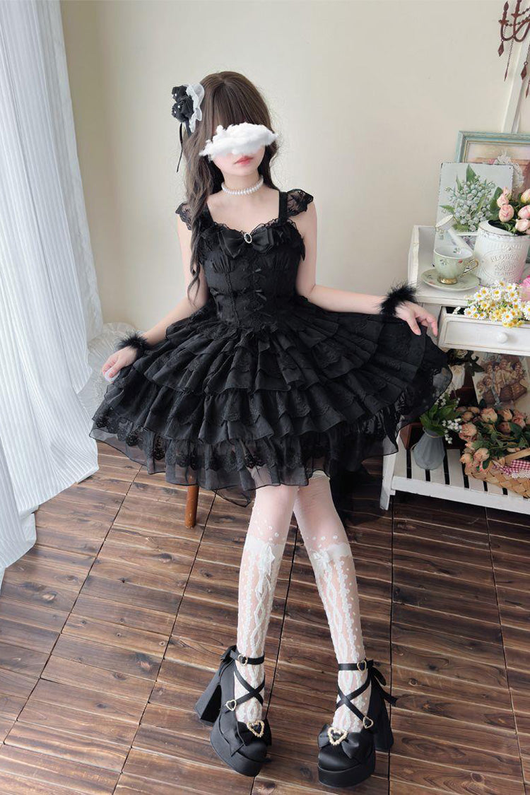 Black Broken Wings Rebirth Sleeveless Multi-Layered Ruffle Bow Lace-Up Gothic Ballet Lolita Jsk Dress