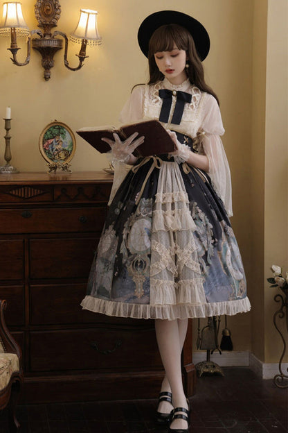 Cardigan with Lace Ruffles and Clock Butterfly Print Skirt Set