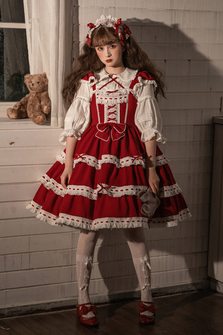 Red Antique Dolls Sweet Lolita Triple-Layered Bowknot JSK Dress
