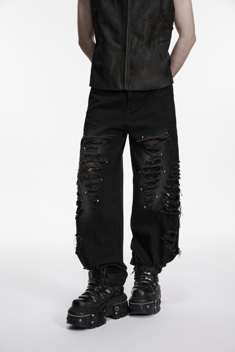 Ripped Studded Zippered Eyelet Mesh Black Punk Pants Men's