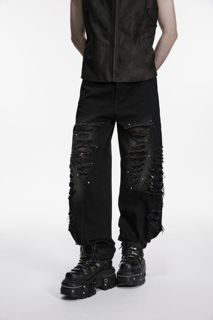 Ripped Studded Zippered Eyelet Mesh Black Punk Pants Men's