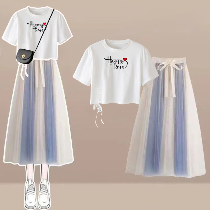 Drawstring Print Loose T-Shirt Tulle Skirt