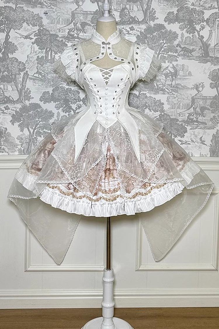 Printed Gothic Lolita Skirt Dress with Bowknot and Ruffle - Doll Mystery