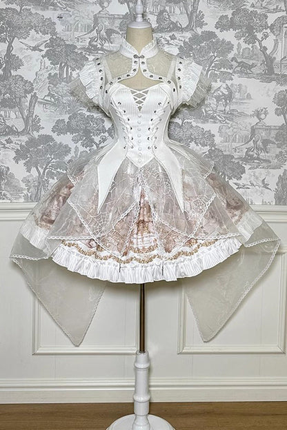 Printed Gothic Lolita Skirt Dress with Bowknot and Ruffle - Doll Mystery