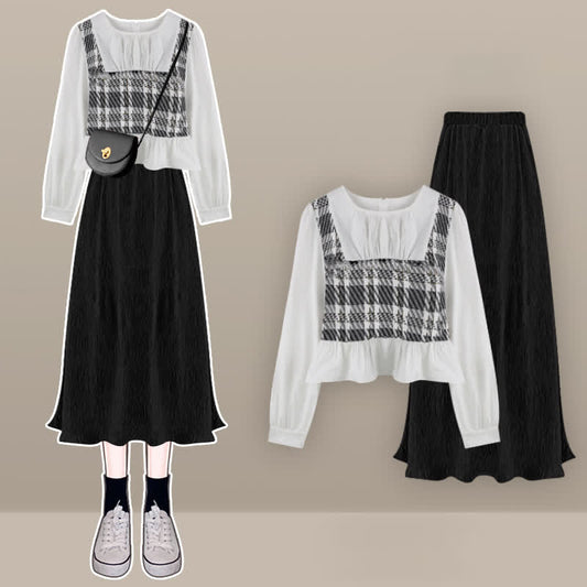 Print Shirt Denim Lattice Fishtail Skirt Set