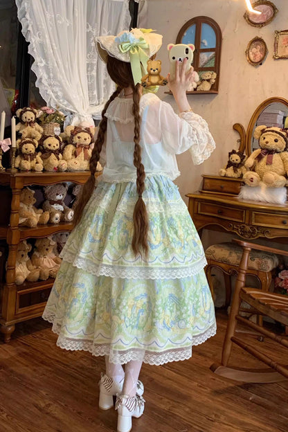 Blue Green Lily of the Valley Perfume Pearl Candy Tea Doll Collar Sleeveless Print Lace Plus Sweet Lolita JSK