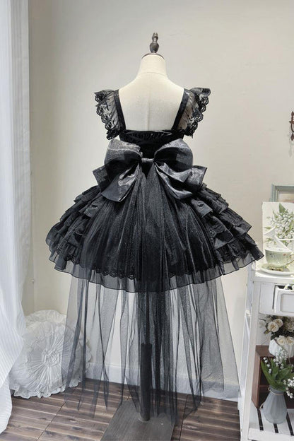 Black Broken Wings Rebirth Sleeveless Multi-Layered Ruffle Bow Lace-Up Gothic Ballet Lolita Jsk Dress