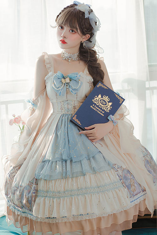 Cardigan with Elves Print and Multilayer Ruffled Jumper Dress