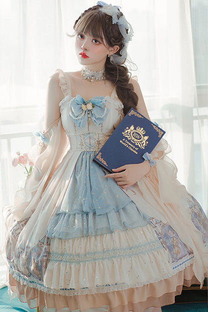 Cardigan with Elves Print and Multilayer Ruffled Jumper Dress
